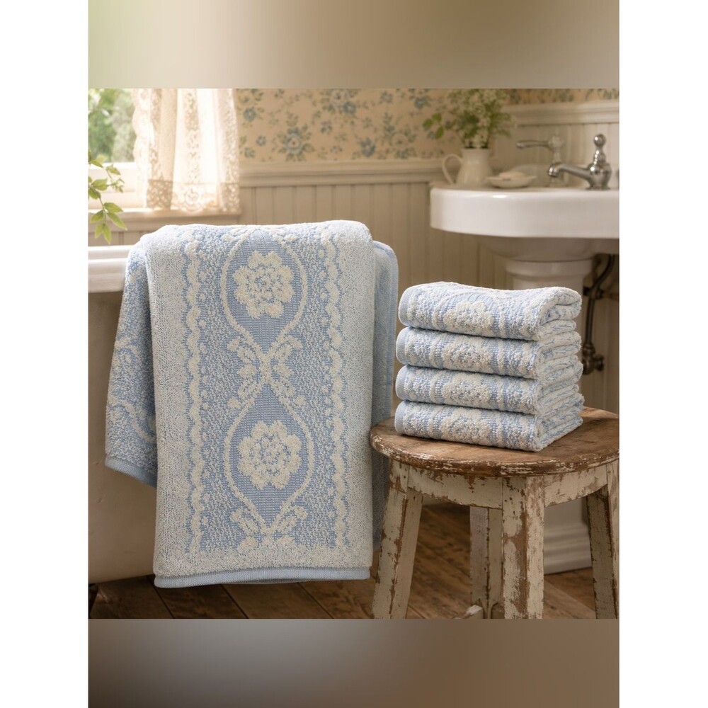 Vintage Cannon Blue White Floral Bath Towel & Washcloth Set 5 Piece USA Cottage